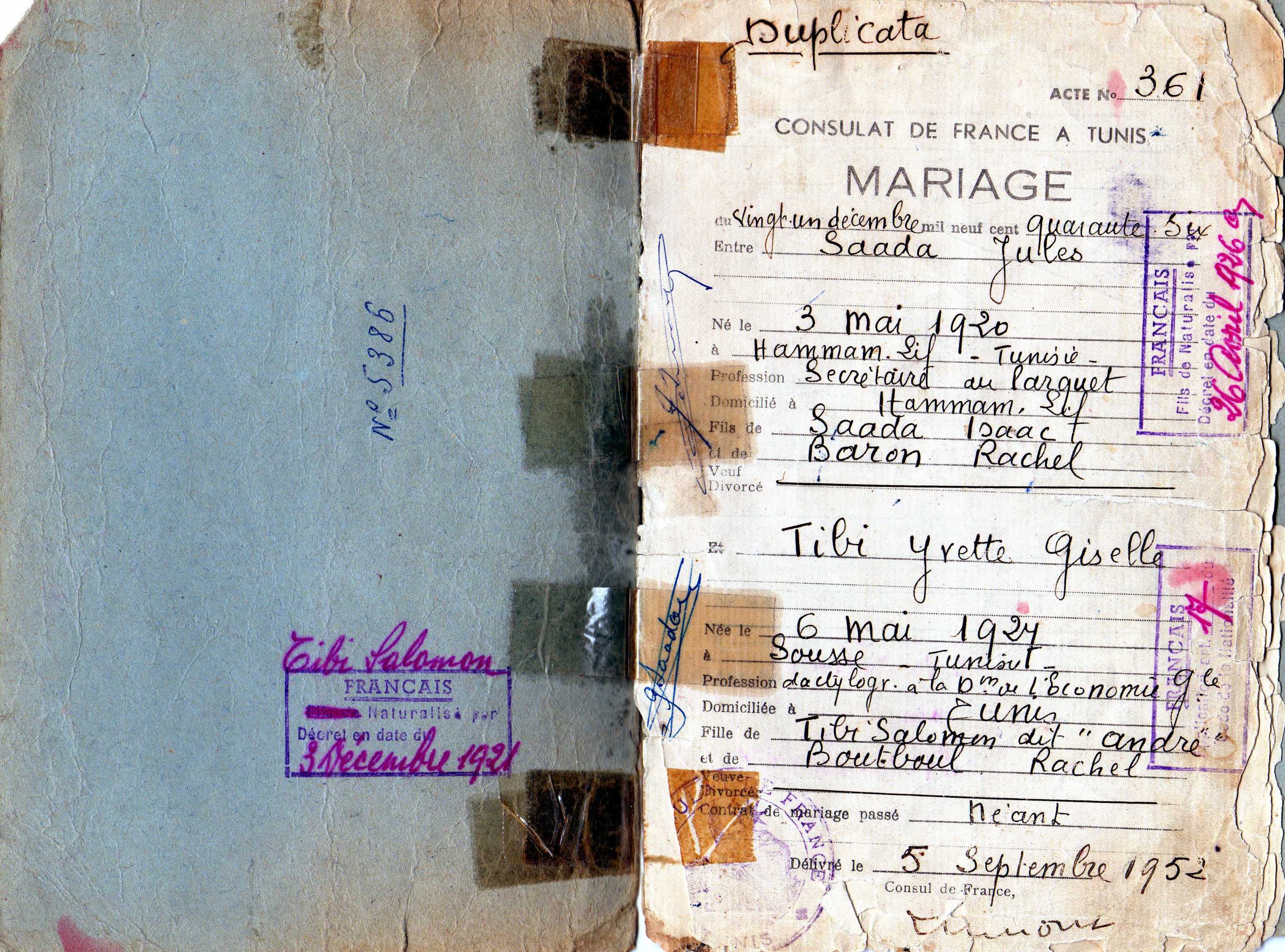 The aged marriage record of Jules and Gisele