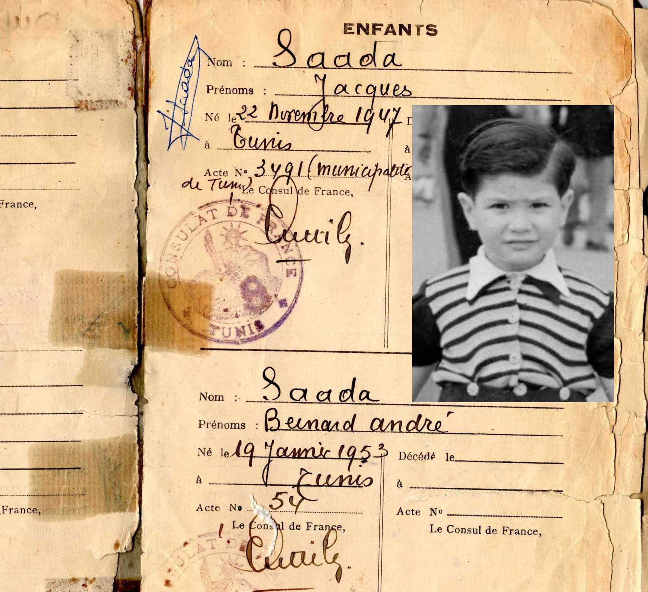 A worn Saada family record paired with a childhood portrait